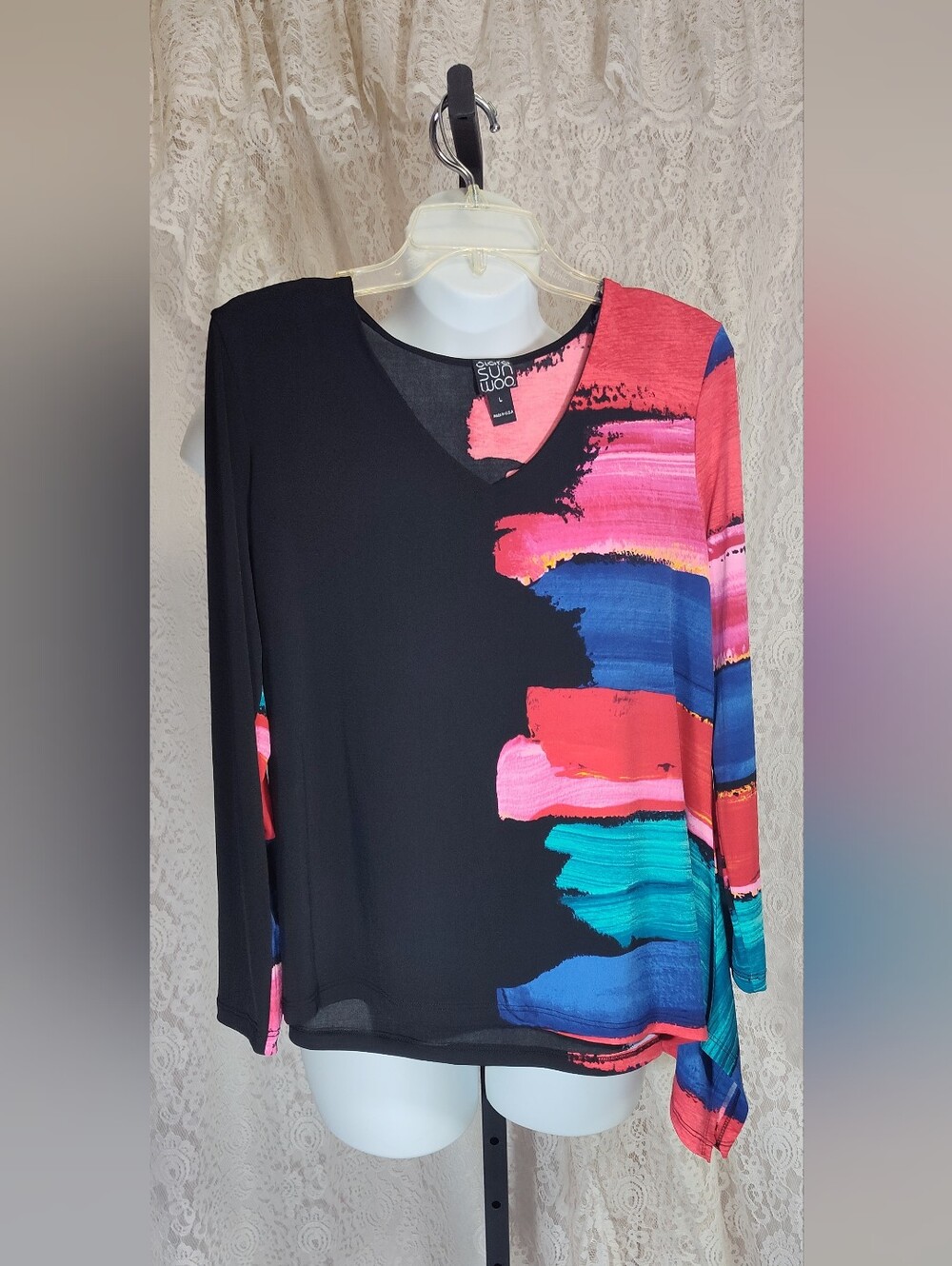 Clara Sun Woo Black V-Neck Blouse with Pink, Blue & Teal Brushstroke Accent